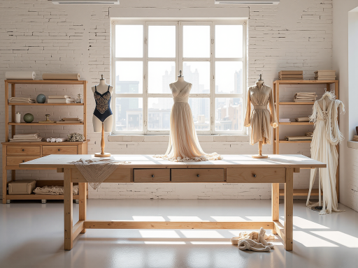 设计师工作场景，服装设计图纸，缝纫机，布料样品，工作室环境