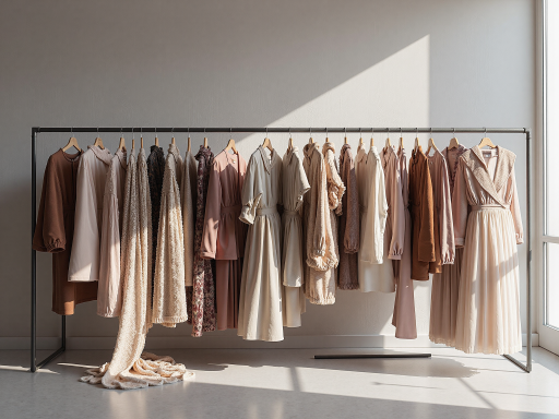 色非品牌女性时尚连衣裙，优雅设计，模特展示，室内摄影棚背景